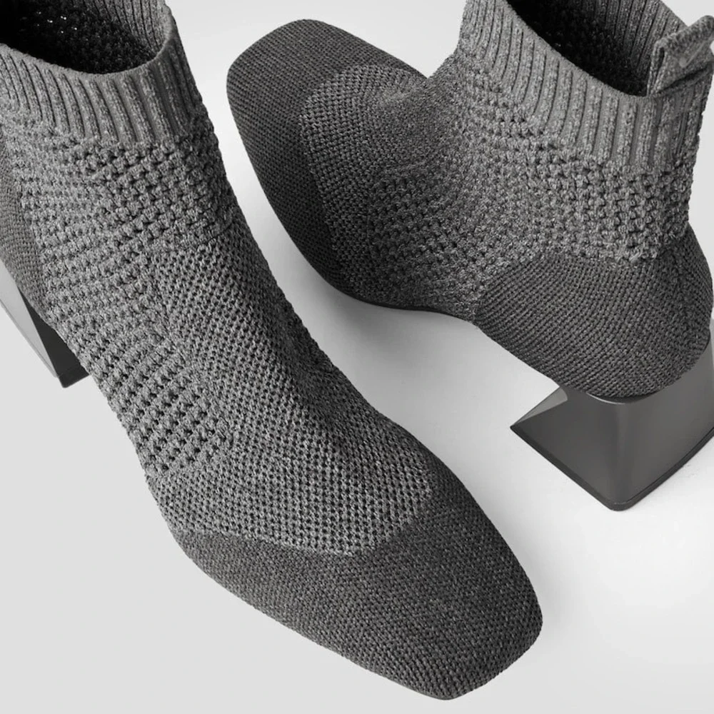 VIVAIA Grey Knit Sock Ankle Boots‎ Block Heel Square Toe Size US 7.5 EU 38.5